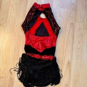Leo's Costume Leotard Red Black Fringe Sequins Large Dance Tap Jazz Halloween